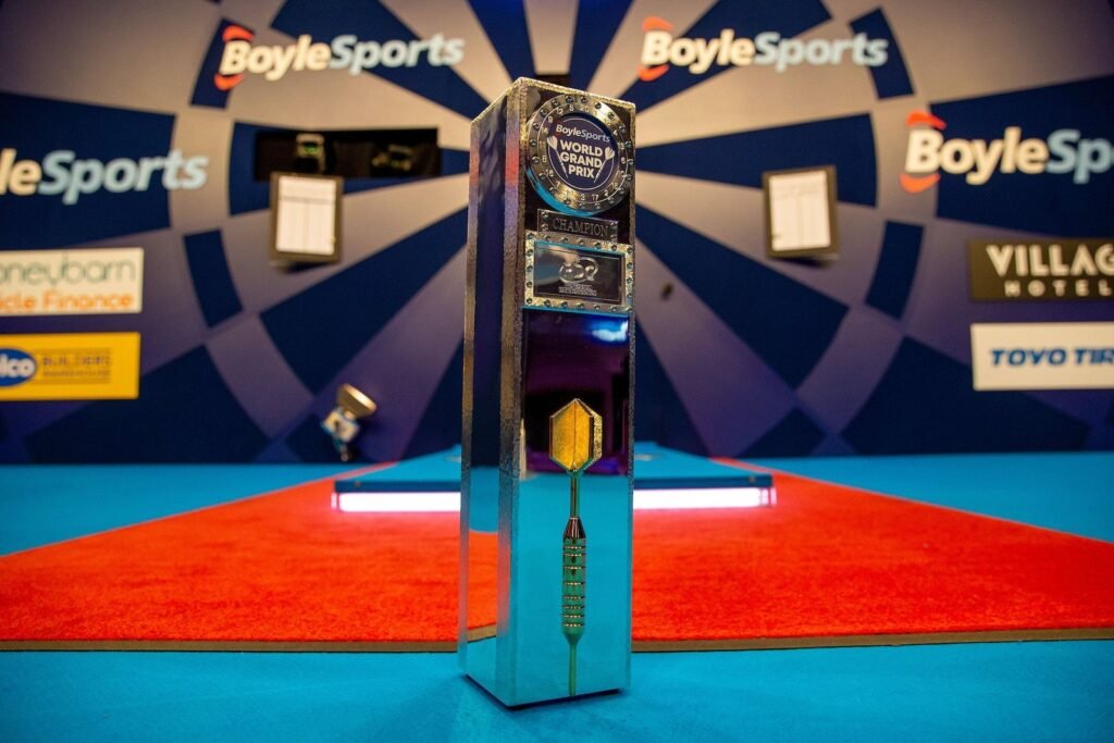 World Grand Prix darts trophy on stage